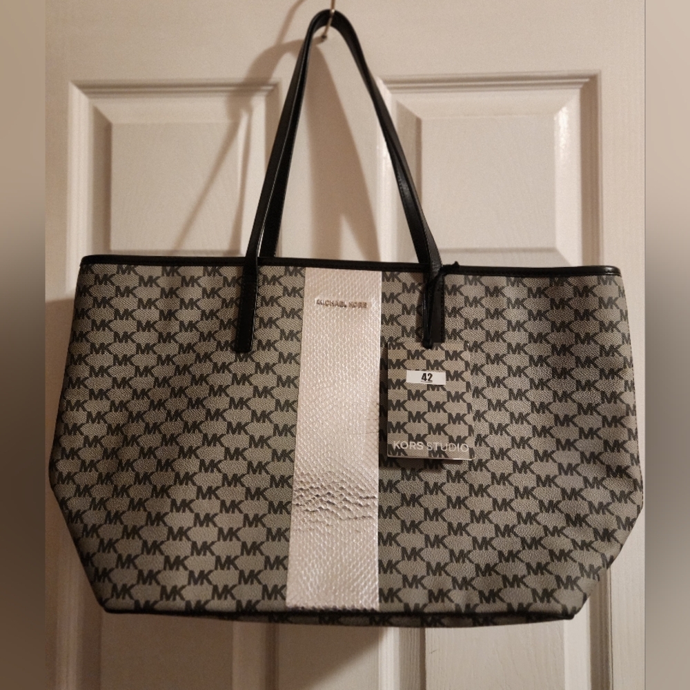 Michael Kors Monogram Black and White Tote Silver Stripe